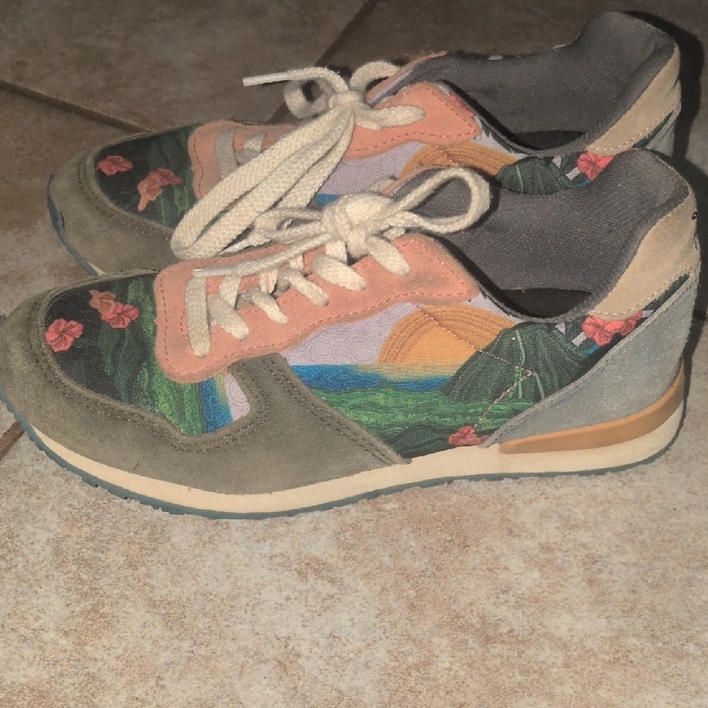 Inkkas Pink and Green Sneakers with Floral Design